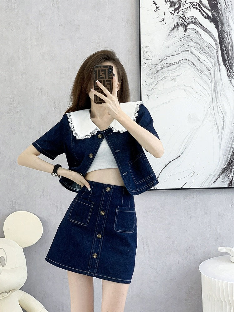 Spring clothing 2024 new casual fashion petite denim suit lively age-reducing two-piece set spring and summer women's clothing