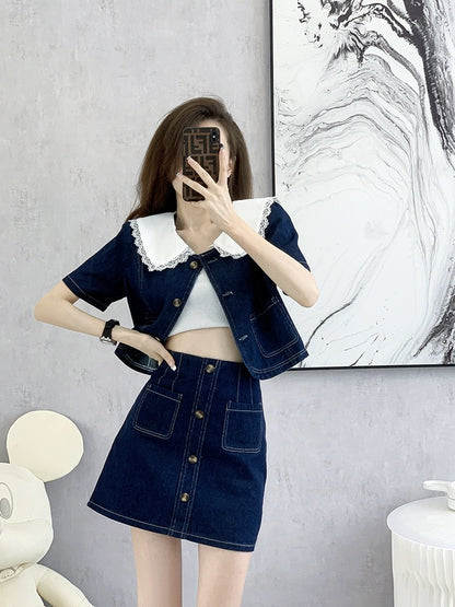 Spring clothing 2024 new casual fashion petite denim suit lively age-reducing two-piece set spring and summer women's clothing