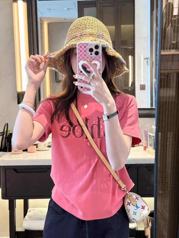 Summer beautiful small tops 2025 new small stylish super beautiful letter print pink short-sleeved T-shirt female