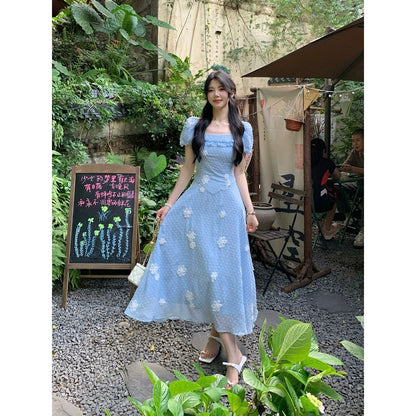 Sweet and Spicy Duoduo [Toi Toi Camellia] Blue Short Sleeve Dress Women's Summer 2024 New Pear Shape Body Skirt
