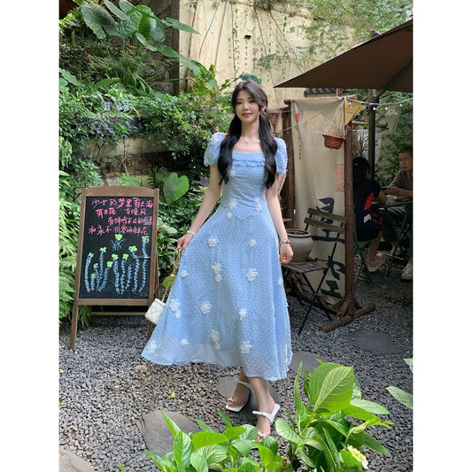 Sweet and Spicy Duoduo [Toi Toi Camellia] Blue Short Sleeve Dress Women's Summer 2024 New Pear Shape Body Skirt