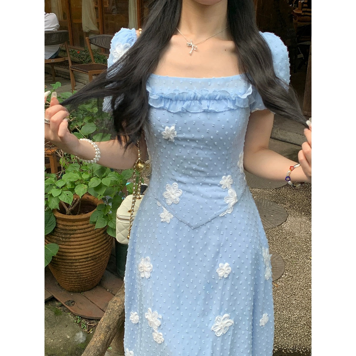 Sweet and Spicy Duoduo [Toi Toi Camellia] Blue Short Sleeve Dress Women's Summer 2024 New Pear Shape Body Skirt