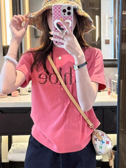Summer beautiful small tops 2025 new small stylish super beautiful letter print pink short-sleeved T-shirt female