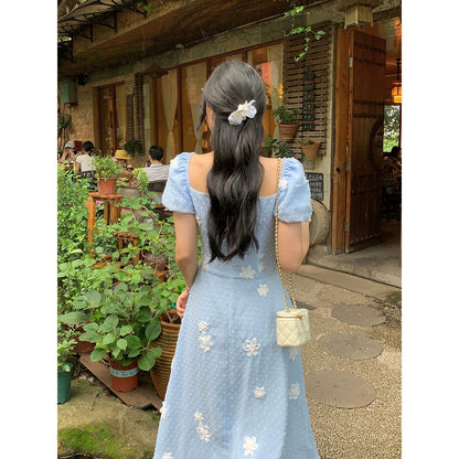 Sweet and Spicy Duoduo [Toi Toi Camellia] Blue Short Sleeve Dress Women's Summer 2024 New Pear Shape Body Skirt