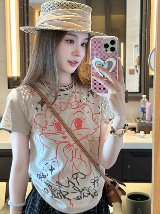 Cartoon print round neck straight shoulder short sleeve t-shirt female 2025 new summer loose unique super beautiful tops