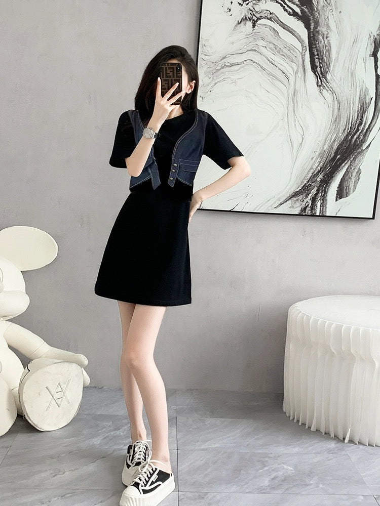 French niche design black denim a-line dress 2024 new women's summer small tall skirt summer