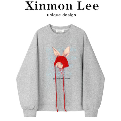 XinmonLee lazy style design knitted Little Red Riding Hood round neck sweater jacket Korean style autumn and winter all-match loose