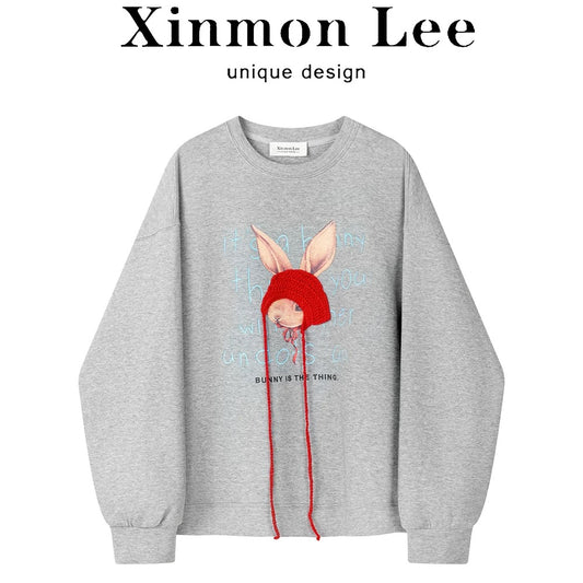 XinmonLee lazy style design knitted Little Red Riding Hood round neck sweater jacket Korean style autumn and winter all-match loose