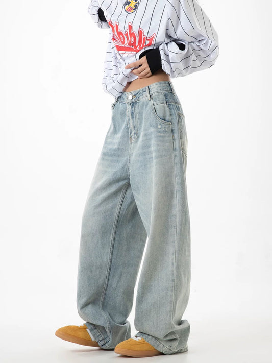ICH MODE American retro loose jeans for women 2025 new straight wide leg overalls casual pants