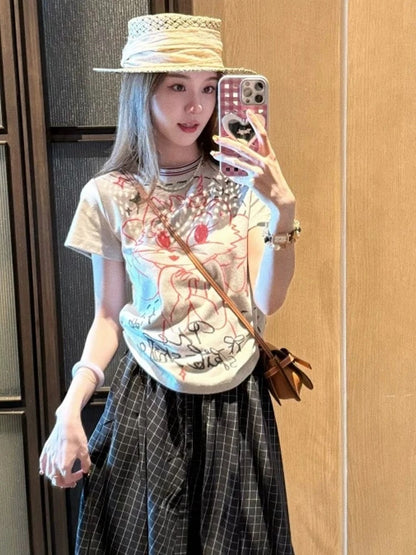 Cartoon print round neck straight shoulder short sleeve t-shirt female 2025 new summer loose unique super beautiful tops
