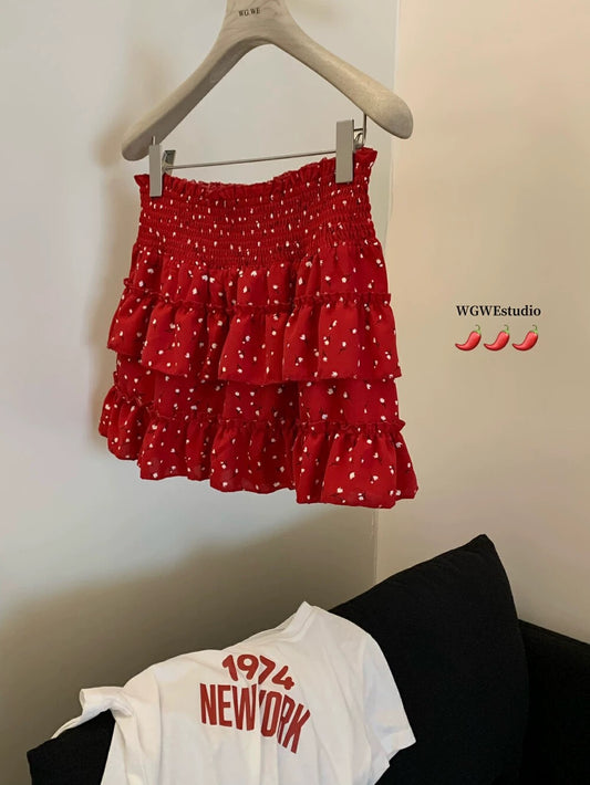 Versatile waist-hugging plaid cake skirt new summer style seaside holiday style A-line puffy skirt