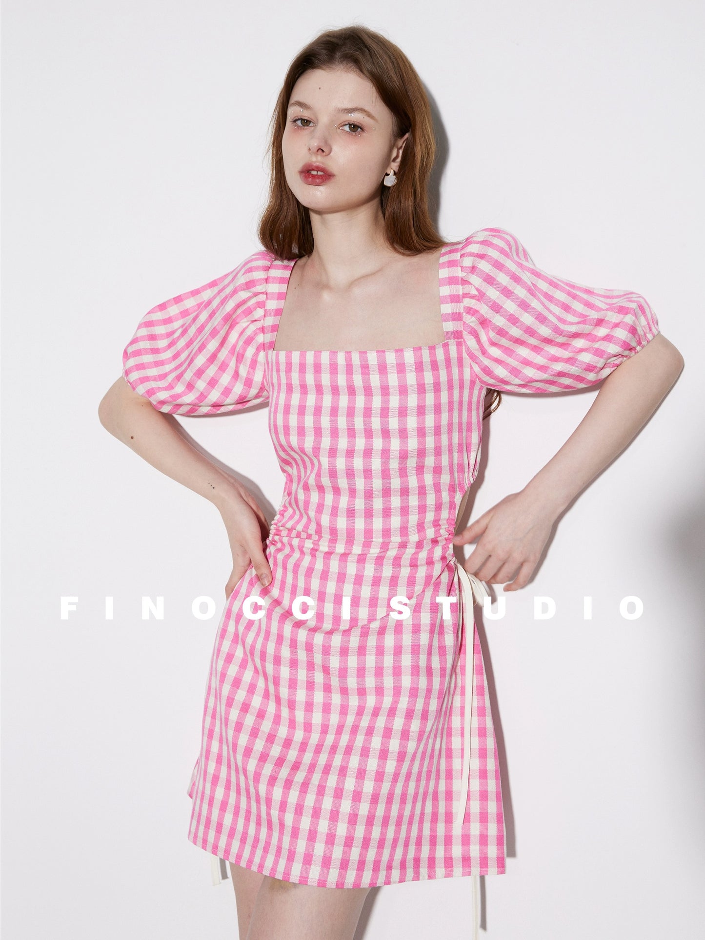 FINOCCI new summer imported machine-quality pink plaid fabric, cotton and linen feel, waist-reducing and energetic short dress