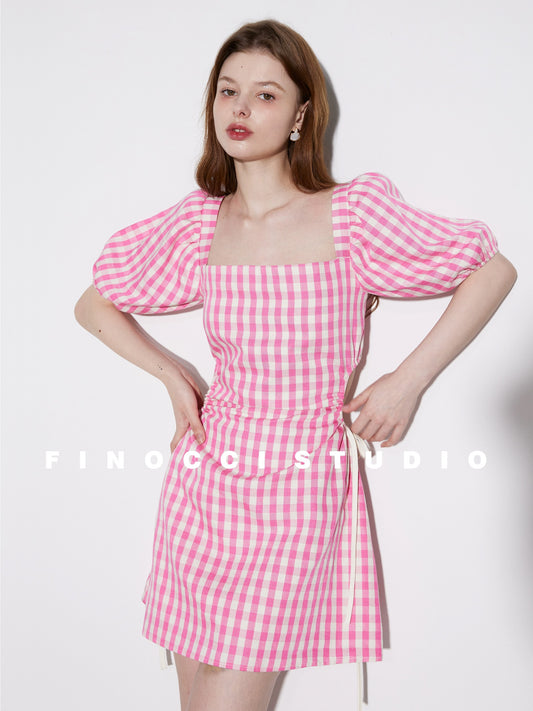 FINOCCI new summer imported machine-quality pink plaid fabric, cotton and linen feel, waist-reducing and energetic short dress