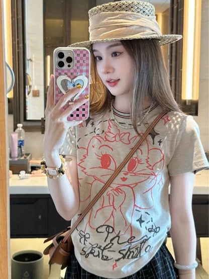 Cartoon print round neck straight shoulder short sleeve t-shirt female 2025 new summer loose unique super beautiful tops