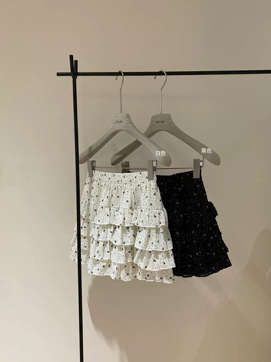 Elastic waist floral cake skirt pants women's summer unique ballet style pleated skirt new style short skirt a-line skirt