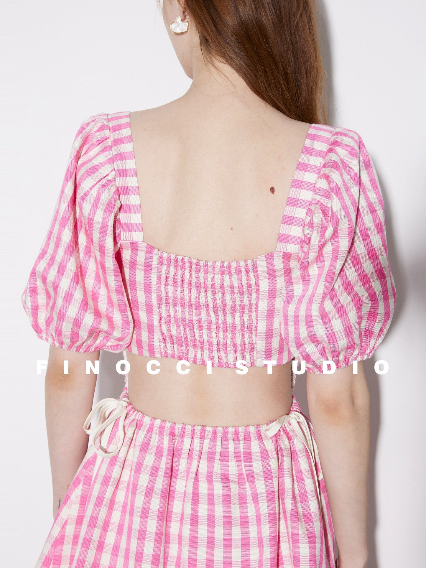 FINOCCI new summer imported machine-quality pink plaid fabric, cotton and linen feel, waist-reducing and energetic short dress