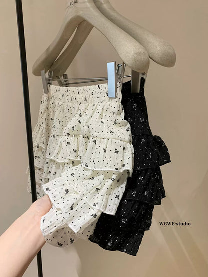 Elastic waist floral cake skirt pants women's summer unique ballet style pleated skirt new style short skirt a-line skirt