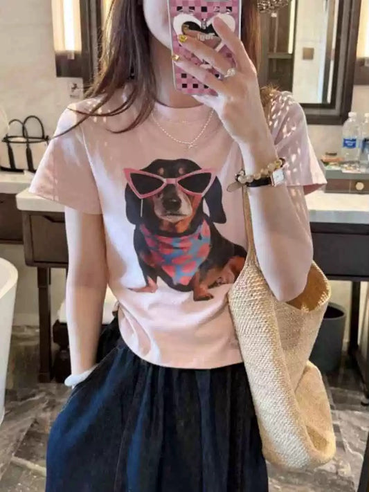 Pink puppy print straight shoulder short-sleeved T-shirt for women Korean style summer wear super beautiful unique beautiful short top