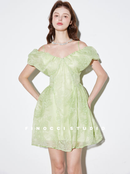 FINOCCI's elegant green flocked fried color textured off-shoulder cloud-sleeved waist-waisted puffy suspender dress
