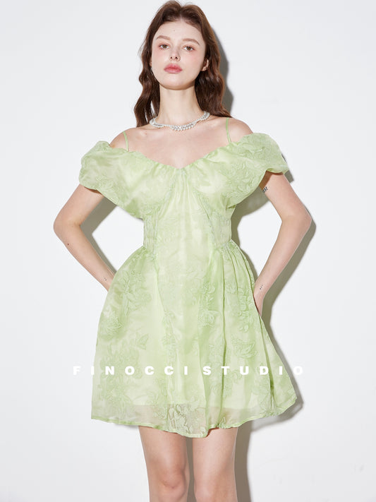 FINOCCI's elegant green flocked fried color textured off-shoulder cloud-sleeved waist-waisted puffy suspender dress