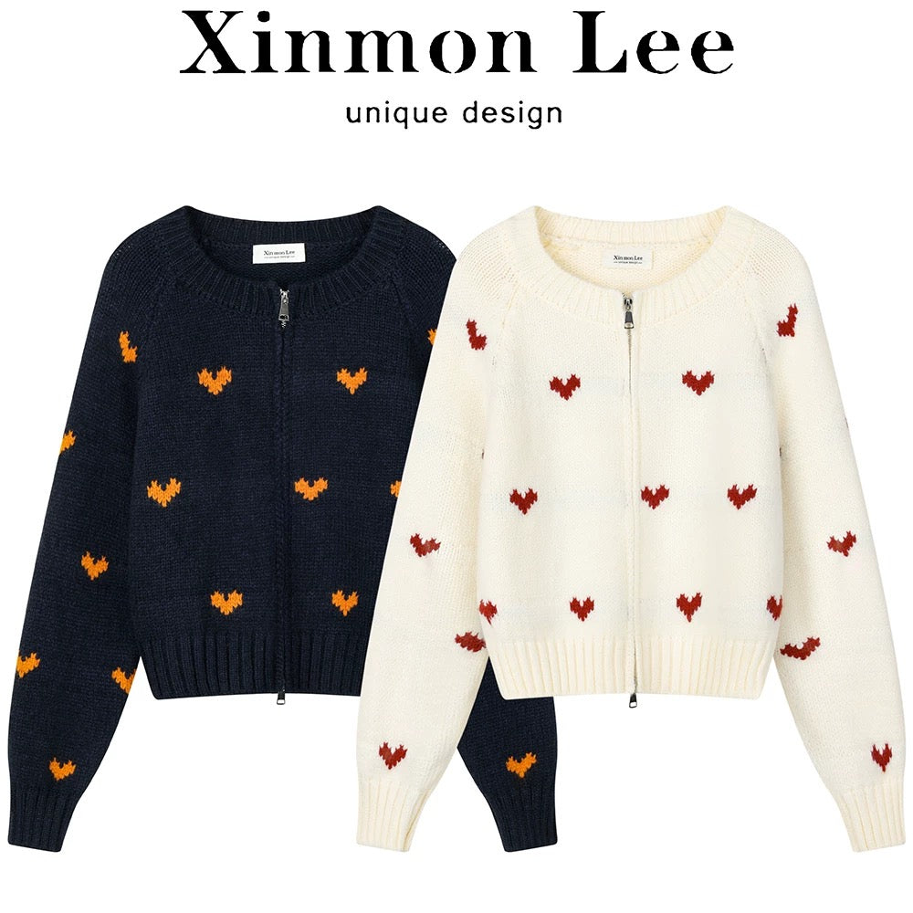 XinmonLee Korean style age-reducing jacquard heart design simple temperament knitted cardigan winter versatile sweater jacket