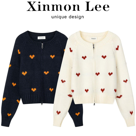 XinmonLee Korean style age-reducing jacquard heart design simple temperament knitted cardigan winter versatile sweater jacket