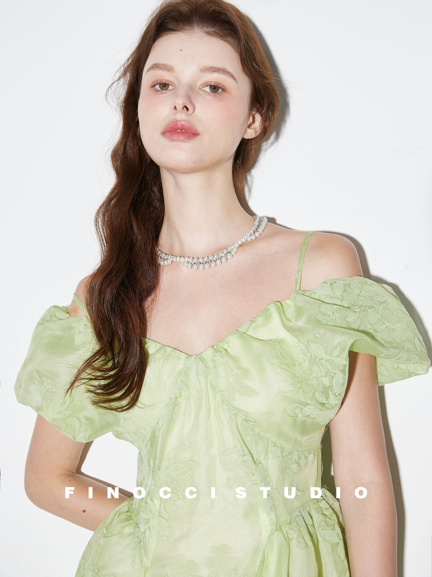 FINOCCI's elegant green flocked fried color textured off-shoulder cloud-sleeved waist-waisted puffy suspender dress