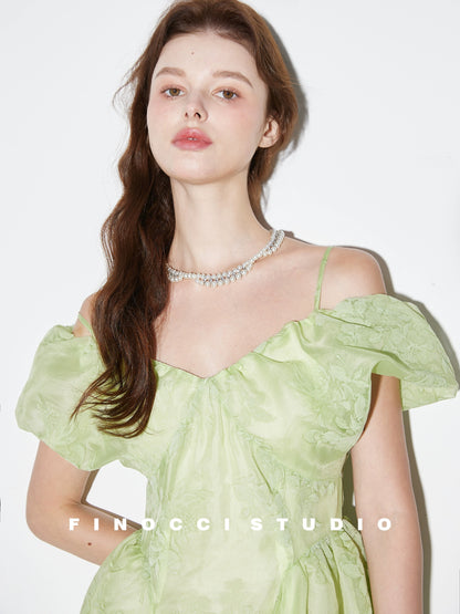 FINOCCI's elegant green flocked fried color textured off-shoulder cloud-sleeved waist-waisted puffy suspender dress