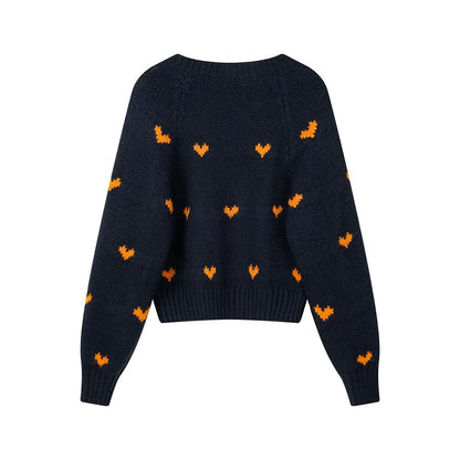 XinmonLee Korean style age-reducing jacquard heart design simple temperament knitted cardigan winter versatile sweater jacket