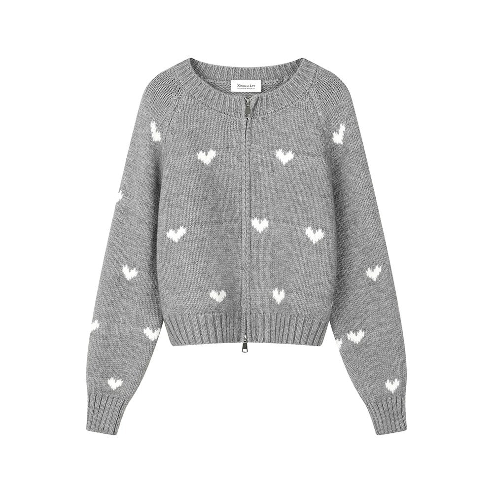 XinmonLee Korean style age-reducing jacquard heart design simple temperament knitted cardigan winter versatile sweater jacket