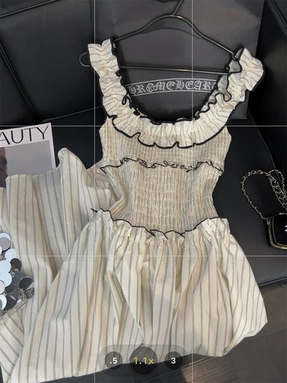 Color-blocked striped slip dress, millennial cream-colored ruffled design, summer gentle style, fitted waist long dress