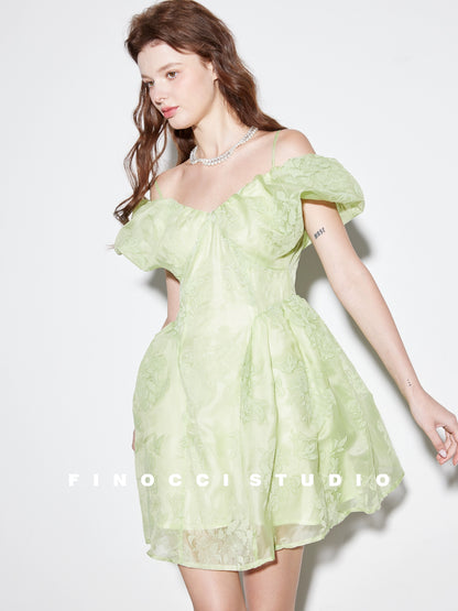 FINOCCI's elegant green flocked fried color textured off-shoulder cloud-sleeved waist-waisted puffy suspender dress
