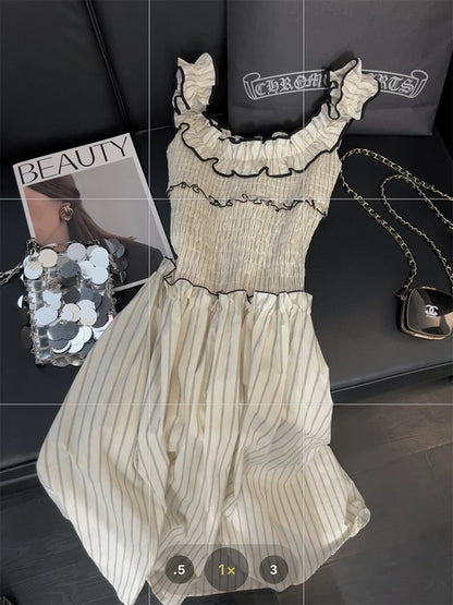 Color-blocked striped slip dress, millennial cream-colored ruffled design, summer gentle style, fitted waist long dress