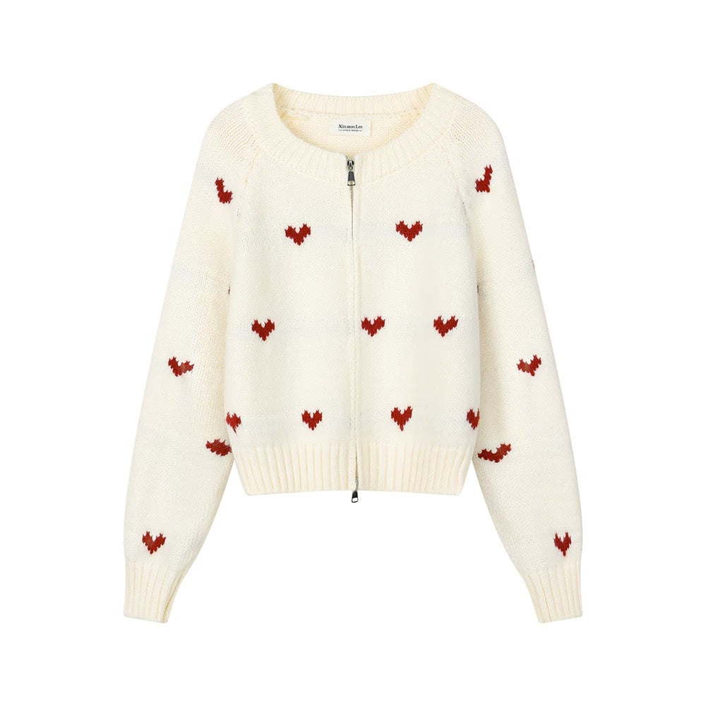 XinmonLee Korean style age-reducing jacquard heart design simple temperament knitted cardigan winter versatile sweater jacket