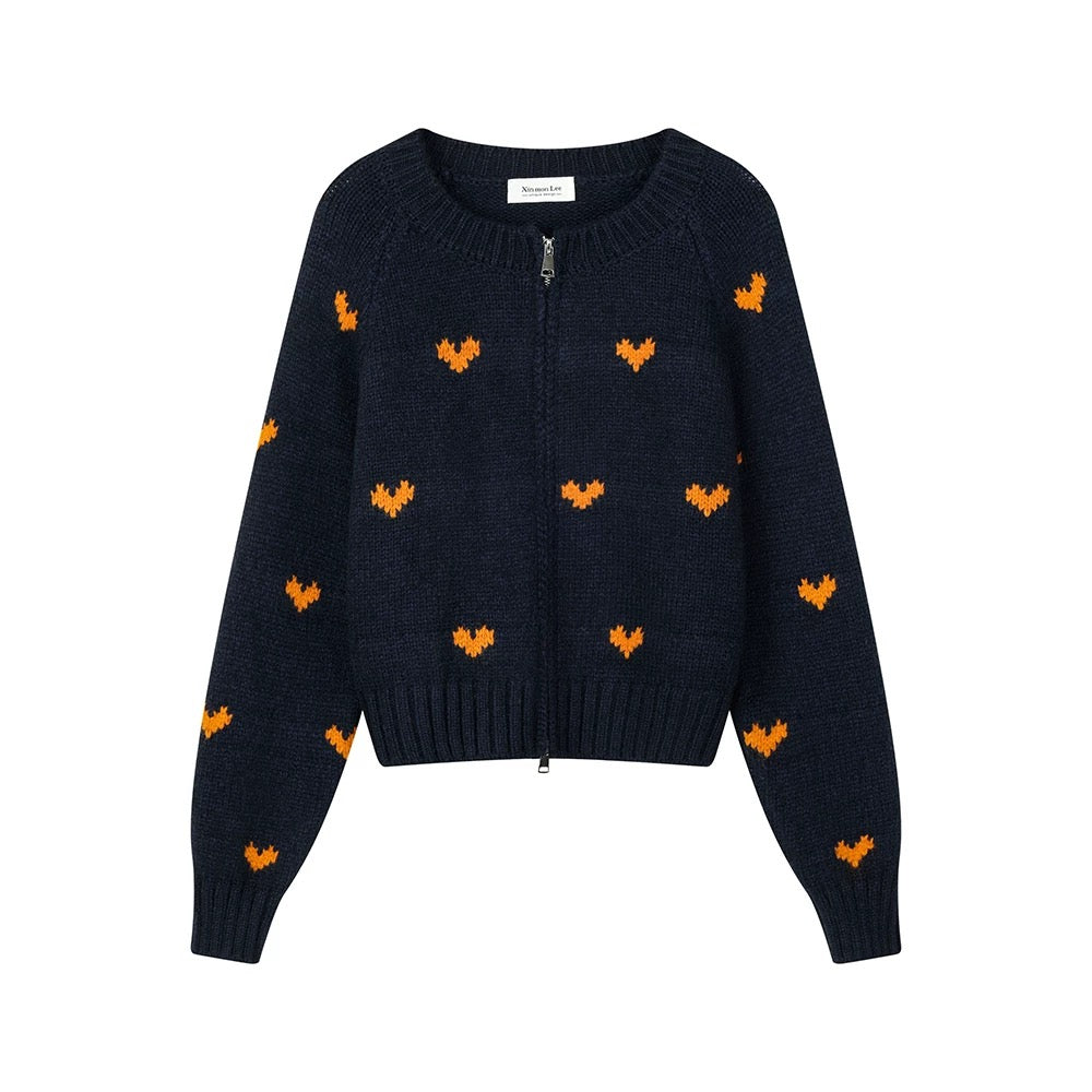 XinmonLee Korean style age-reducing jacquard heart design simple temperament knitted cardigan winter versatile sweater jacket