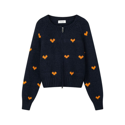 XinmonLee Korean style age-reducing jacquard heart design simple temperament knitted cardigan winter versatile sweater jacket