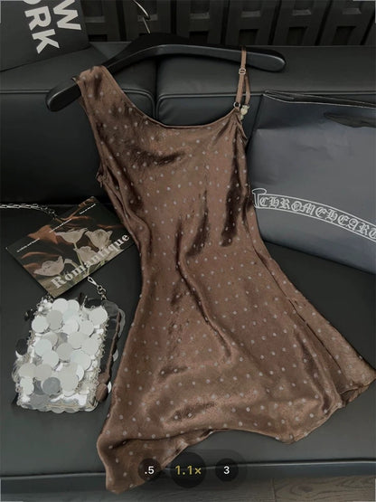 Retro brown polka dot camisole for women, asymmetrical beaded, sexy style, summer 2025, fitted waist, ruffled neck top.