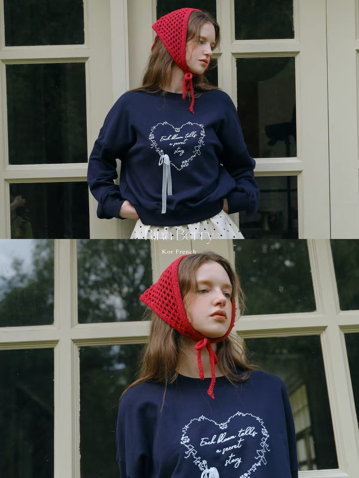 Rina Berry "Love" Lace-Bow Sweatshirt – Autumnal, Relaxed-Fit, Drop-Shoulder Long-Sleeve Top with Lettering