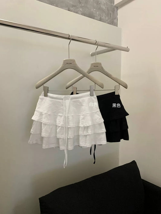 White cake skirt spring and summer high waist small size puffy skirt short a-line hip-covering slim drawstring skirt