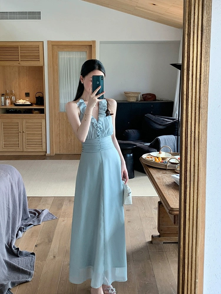 Wang Hanyan Sweet Jasmine Neckline Silk Waist Pleated Lace-Up Floral Sleeveless Halter Dress Women's Summer