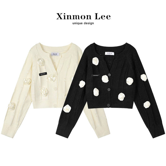 XinmonLee knitted cardigan jacket v-neck soft and glutinous small fragrance style sweater female early autumn chic short top gentle