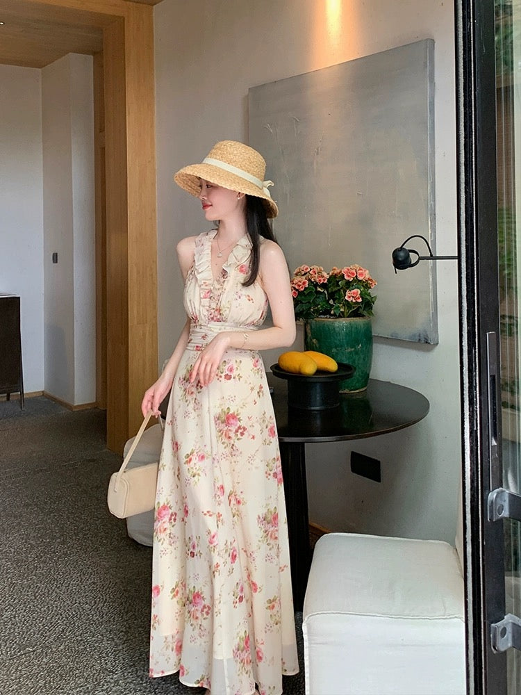 Wang Hanyan Sweet Jasmine Neckline Silk Waist Pleated Lace-Up Floral Sleeveless Halter Dress Women's Summer