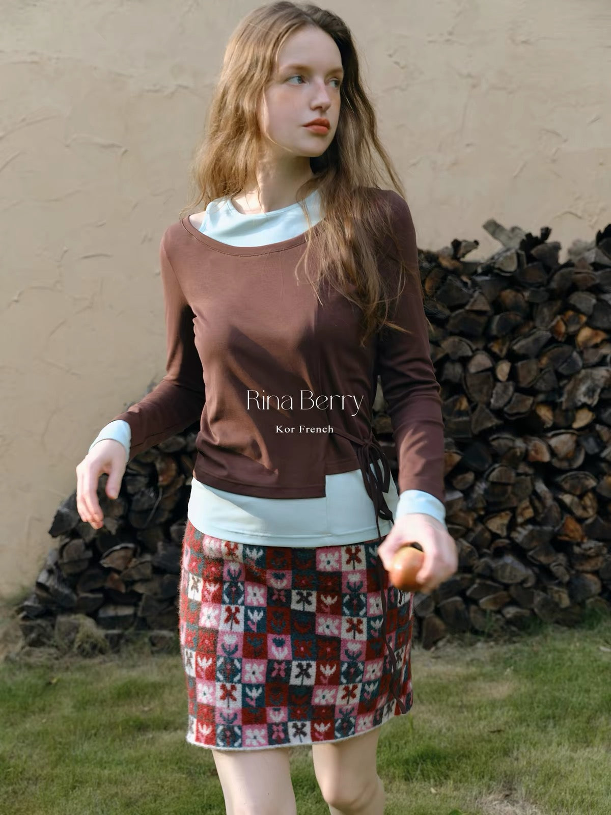 Rina Berry Lyocell Faux-Layer Long-Sleeve T-Shirt – Autumn U-Neck Color-Block Top with Drawstring Waist and Tie Detail