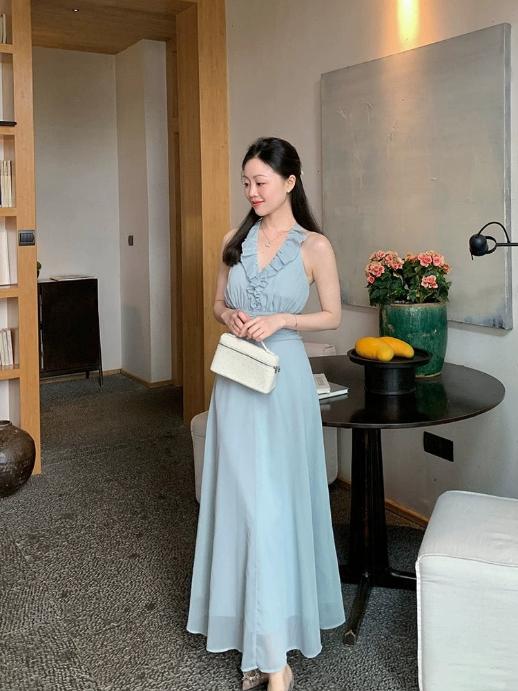 Wang Hanyan Sweet Jasmine Neckline Silk Waist Pleated Lace-Up Floral Sleeveless Halter Dress Women's Summer