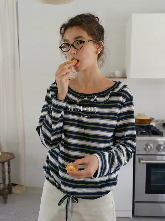 RinaBerry Long-Sleeve Striped T-Shirt with Lettuce-Edge Trim – A Soft, French-Inspired, Loose-Fit Crewneck Top for Autumn (Available in 2 Colors)