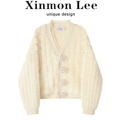 XinmonLee Korean sweet and gentle style three-dimensional flower design sense of foreign style beautiful casual soft waxy sweater winter
