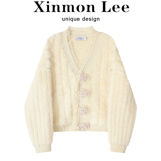 XinmonLee Korean sweet and gentle style three-dimensional flower design sense of foreign style beautiful casual soft waxy sweater winter