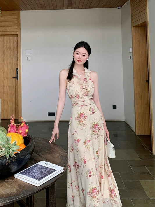 Wang Hanyan Sweet Jasmine Neckline Silk Waist Pleated Lace-Up Floral Sleeveless Halter Dress Women's Summer
