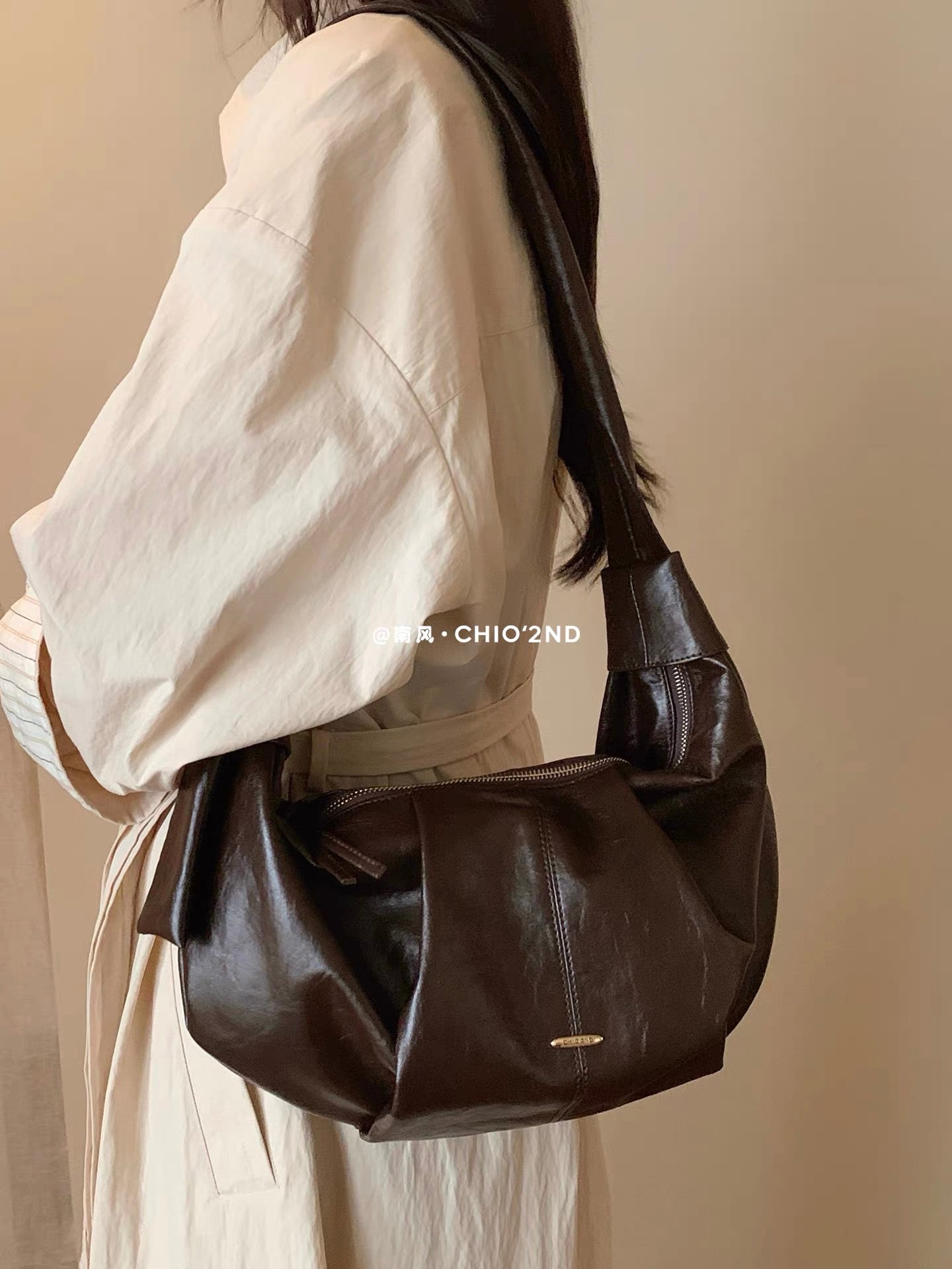 Chio2nd Women's Rich Chocolate Cocoa Shoulder Bag, Pleated Casual Loose-fitting Hobo Bag, Shoulder Bag/Crossbody Bag