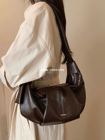 Chio2nd Women's Rich Chocolate Cocoa Shoulder Bag, Pleated Casual Loose-fitting Hobo Bag, Shoulder Bag/Crossbody Bag